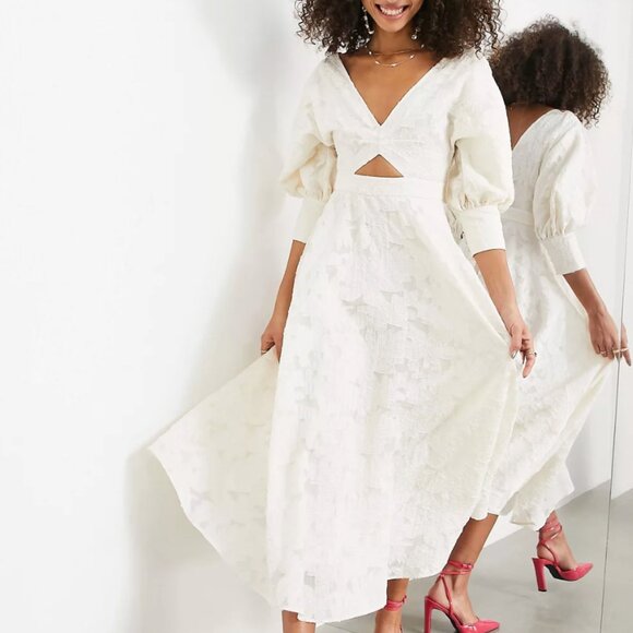 ASOS EDITION V-Neck Organza Chic White Dress | Blouson Sleeves + Cutout - Picture 1 of 8